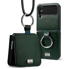 Samsung Galaxy Z Flip 4 Ringke Folio Signature valódi bőr tok vállpánttal sötétzöld