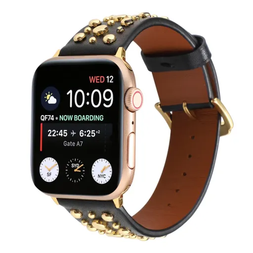 Apple Watch 4/5/6/7/8/SE (38/40/41mm) szegecses bőr óraszíj fekete Alphajack