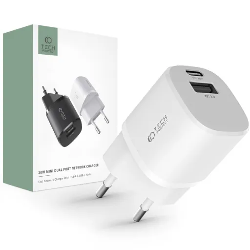 Tech-Protect C20W Mini 2-portos hálózati töltő PD20W/QC3.0 fehér