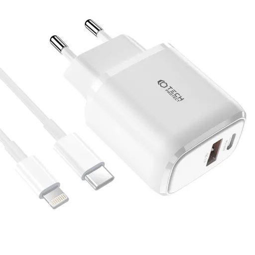 Tech-Protect C20W hálózati töltő adapter PD20W/QC3.0 1x USB-A, 1x USB-C, 1x USB-C - lightning töltőkábel