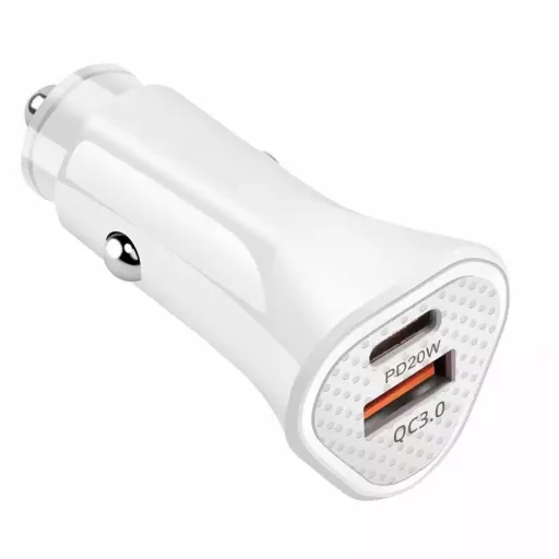 Autós szivargyújtós töltő USB-A + USB Type-C, QC3.0 PD 38W, fehér