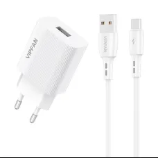 Vipfan E01 fali hálózati töltő adapter, 1x USB, 2,4A + USB-C kábel (fehér)