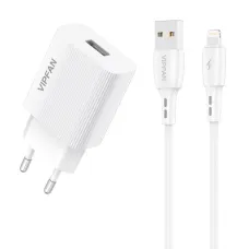 Vipfan E01 fali hálózati töltő adapter, 1x USB, 2,4A + Lightning kábel (fehér)