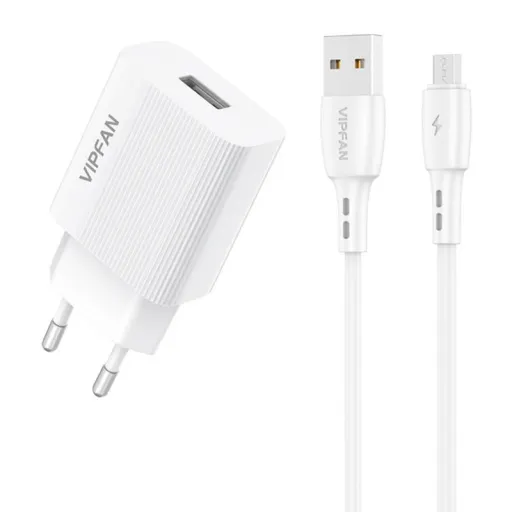 Vipfan E01 fali hálózati töltő adapter, 1x USB, 2,4A + micro USB kábel (fehér)