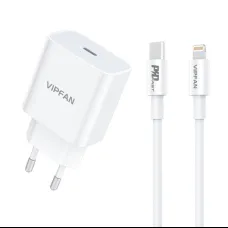 Vipfan E04 fali hálózati töltő adapter, USB-C, 20W, QC 3.0 + Lightning kábel (fehér)