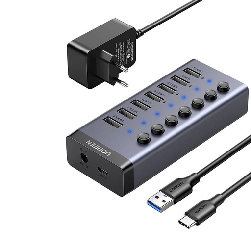 Ugreen 7in1 HUB elosztó adapter USB-C, 7x USB-A 3.0 12V 2A (fekete)