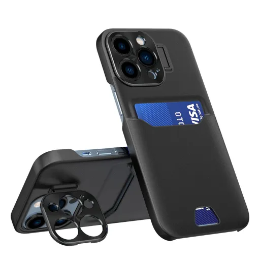 iPhone 14 Pro Max Leather Stand tok kártyatartóval fekete iPhone 14 Pro Max Leather Stand tok kártyatartóval fekete