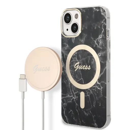 iPhone 14 Guess BUGUHMP14SHMEACSK Marble MagSafe kompatibilis hátlap + vezeték nélküli töltő fekete