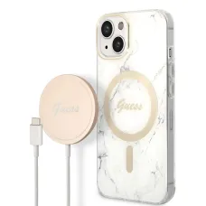 iPhone 14 Guess BUGUHMP14SHMEACSH Marble MagSafe kompatibilis hátlap + vezeték nélküli töltő fehér