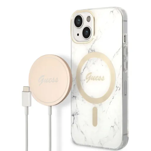 iPhone 14 Guess BUGUHMP14SHMEACSH Marble MagSafe kompatibilis hátlap + vezeték nélküli töltő fehér