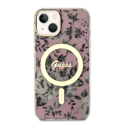 iPhone 14 Guess PC/TPU Flowers IML MagSafe kompatibilis tok rózsaszín (GUHMP14SHCFWSP)