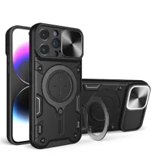 iPhone 15 Ring Armor tok kameralencse védővel, kihajtható támasszal, fekete Alphajack