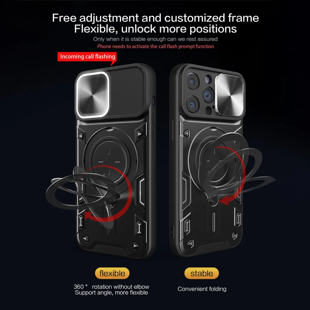 iPhone 15 Ring Armor tok kameralencse védővel, kihajtható támasszal, sötétlila Alphajack - 3