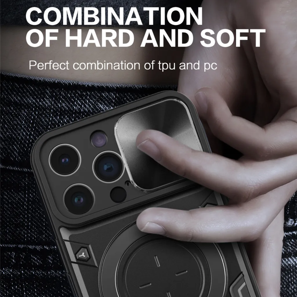 iPhone 15 Ring Armor tok kameralencse védővel, kihajtható támasszal, sötétlila Alphajack - 10