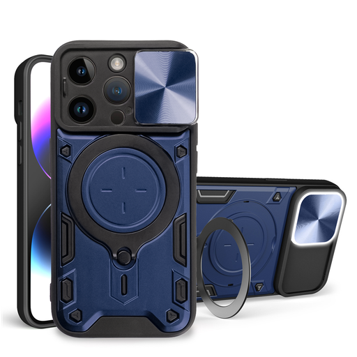 iPhone 15 Pro Ring Armor tok kameralencse védővel, kihajtható támasszal, sötétkék Alphajack iPhone 15 Pro Ring Armor tok kameralencse védővel, kihajtható támasszal, sötétkék Alphajack