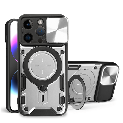iPhone 15 Pro Ring Armor tok kameralencse védővel, kihajtható támasszal, ezüst Alphajack iPhone 15 Pro Ring Armor tok kameralencse védővel, kihajtható támasszal, ezüst Alphajack