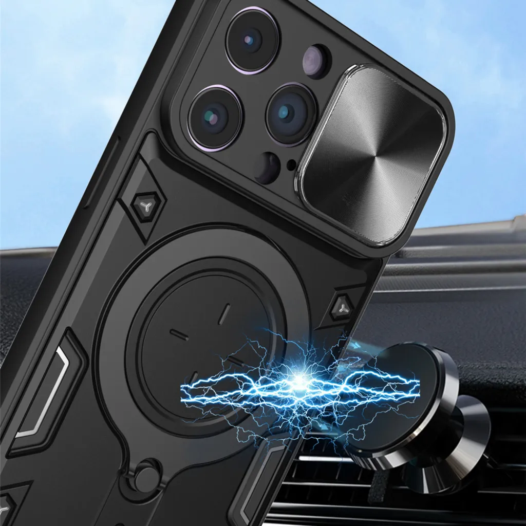 iPhone 15 Pro Max Ring Armor tok kameralencse védővel, kihajtható támasszal, sötétlila Alphajack - 11