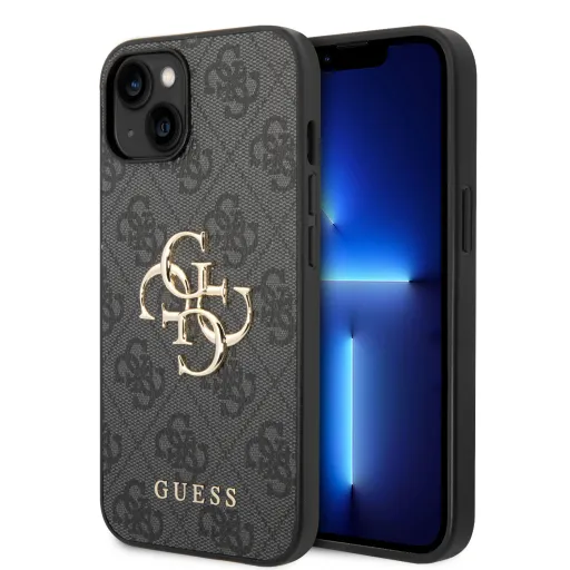 iPhone 15 Guess PU 4G Metal Logo tok szürke (GUHCP15S4GMGGR)