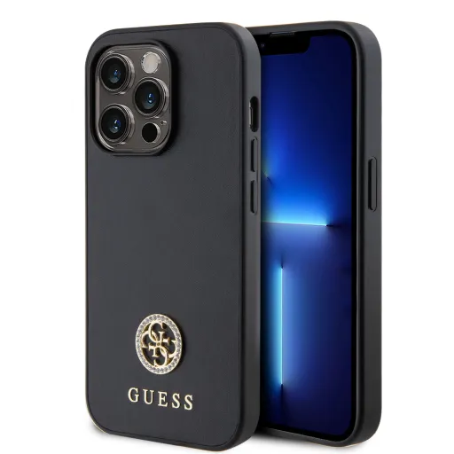 iPhone 15 Pro Guess PU 4G Strass Metal Logo tok fekete (GUHCP15LPS4DGPK)