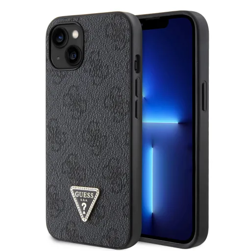 iPhone 15 Guess PU 4G Strass Triangle Metal Logo tok fekete (GUHCP15SP4TDPK)