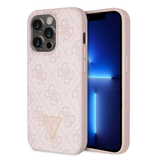 iPhone 15 Pro Guess PU 4G Strass Triangle Metal Logo telefontok rózsaszín (GUHCP15LP4TDPP)