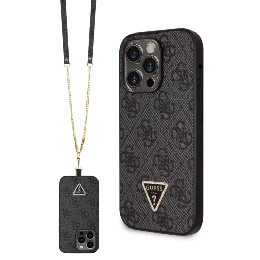 iPhone 15 Pro Max Guess PU 4G Strass Triangle Metal Logo tok + Crossbody pánt fekete (GUHCP15XP4TDSCPK)