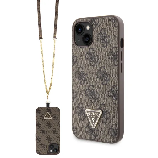 iPhone 15 Guess PU 4G Strass Triangle Metal Logo tok + Crossbody pánt barna (GUHCP15SP4TDSCPW)