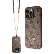 iPhone 15 Pro Guess PU 4G Strass Triangle Metal Logo tok + Crossbody pánt barna (GUHCP15LP4TDSCPW)