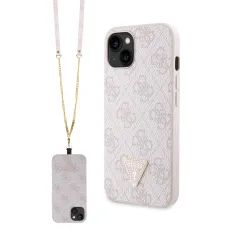 iPhone 15 Guess PU 4G Strass Triangle Metal Logo tok + Crossbody pánt rózsaszín (GUHCP15SP4TDSCPP)