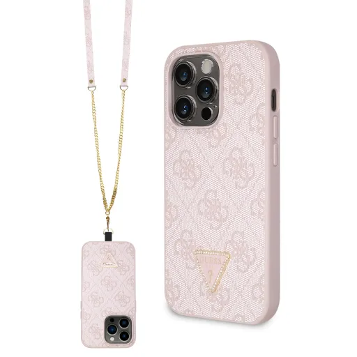 iPhone 15 Pro Guess PU 4G Strass Triangle Metal Logo tok + Crossbody pánt rózsaszín (GUHCP15LP4TDSCPP)