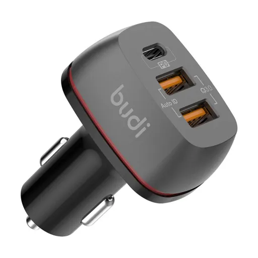 Budi 48W autós szivargyújtós töltő 2x USB + USB-C, PD + QC 3.0 (fekete)