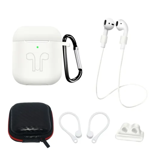 AirPods 1/2 szilikon tokkészlet + tok/fülkampó/nyakszíj/óraszíj tartó/karabiner kapocs - fehér