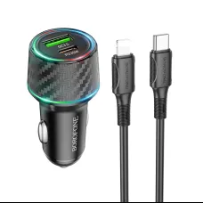 Borofone autós töltő BZ21 Brilliant USB + Type C QC 3.0 PD 48W + Type C - Lightning kábel fekete