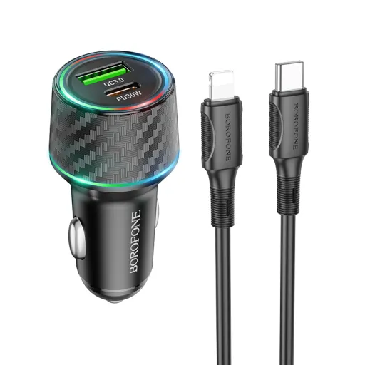 Borofone autós töltő BZ21 Brilliant USB + Type C QC 3.0 PD 48W + Type C - Lightning kábel fekete