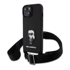 iPhone 15 Karl Lagerfeld Saffiano Crossbody Metal Ikonik keresztpántos tok, telefontok fekete