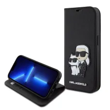 iPhone 15 Pro Karl Lagerfeld PU Saffiano Karl és Choupette NFT Book tok, telefontok fekete