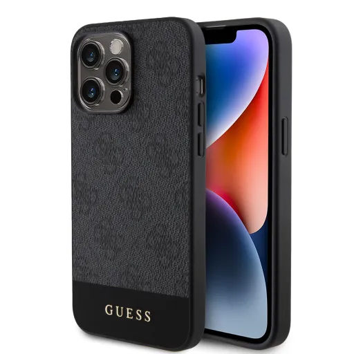 iPhone 15 Pro Guess PU 4G Stripe Magsafe-kompatibilis tok, telefontok fekete (GUHMP15LG4GLGR)