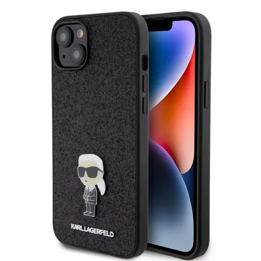 iPhone 15 Karl Lagerfeld KLHCP15SGKNPSK Fixed Glitter Metal Ikonik tok fekete