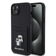 iPhone 15 Karl Lagerfeld KLHCP15SSAPKCNPK PU Saffiano Card Slot Metal Karl and Choupette tok fekete