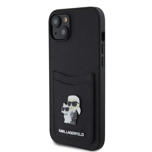 iPhone 15 Karl Lagerfeld KLHCP15SSAPKCNPK PU Saffiano Card Slot Metal Karl and Choupette tok fekete