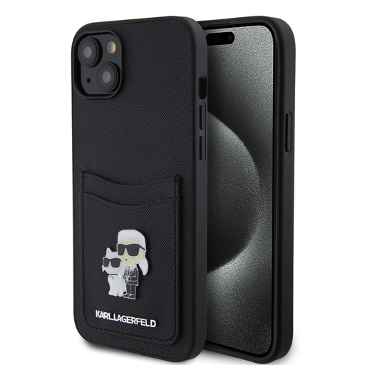 iPhone 15 Karl Lagerfeld KLHCP15SSAPKCNPK PU Saffiano Card Slot Metal Karl and Choupette tok fekete iPhone 15 Karl Lagerfeld KLHCP15SSAPKCNPK PU Saffiano Card Slot Metal Karl and Choupette tok fekete