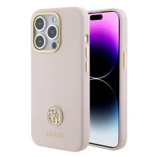 iPhone 15 Pro Max Guess Liquid Silicone 4G Strass Metal Logo tok rózsaszín (GUHCP15XM4DGPP)