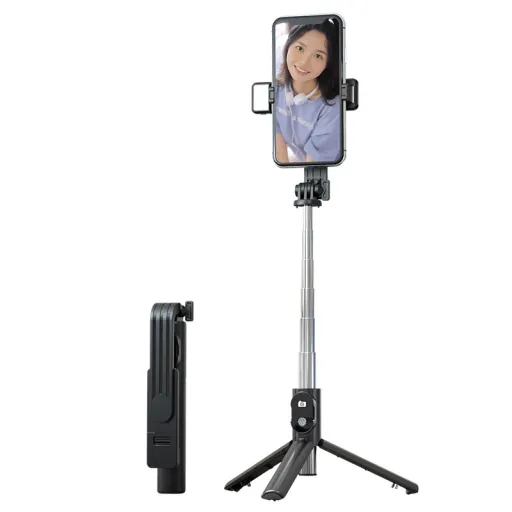 Selfie bot állvánnyal, bluetooth távirányítóval és LED lámpával P20S-1 fekete