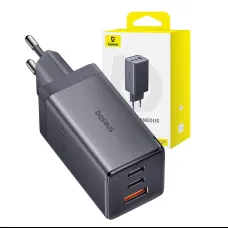 Baseus GaN5 hálózati töltő adapter 2x USB-C + USB, 65W + kábel 1m szürke