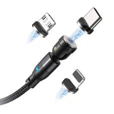 Mágneses kábel 3 az 1-ben 3A 1 m USB - USB-C + iPhone Lightning + Micro USB (állítható szög) fekete