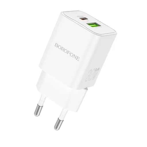 Borofone BN14 Royal GaN USB + Type C hálózati töltő adapter QC 3.0 PD 30W fehér