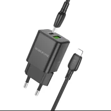 Borofone BN14 Royal GaN USB + Type C hálózati töltő adapter QC 3.0 PD 30W + Type C - Lightning kábel fekete