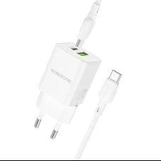 Borofone BN14 Royal GaN USB + Type C hálózati töltő adapter QC 3.0 PD 30W + Type C - Type C kábel fehér