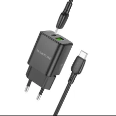 Borofone BN14 Royal GaN USB + Type C hálózati töltő adapter QC 3.0 PD 30W + Type C - Type C kábel fekete