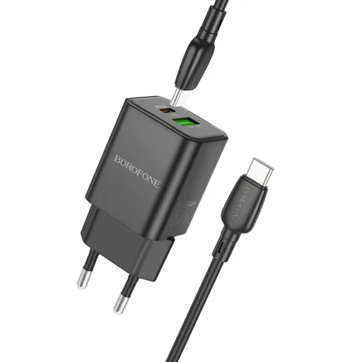 Borofone BN14 Royal GaN USB + Type C hálózati töltő adapter QC 3.0 PD 30W + Type C - Type C kábel fekete